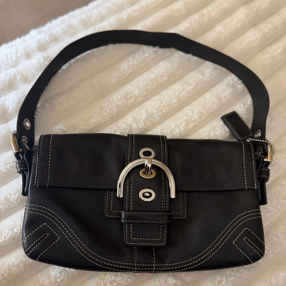 Coach Black Leather Shoulder Bag with Silver Accents